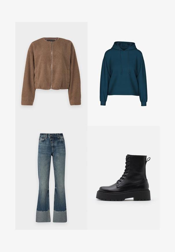 Smeđa skraćena jakna od teksturirane flisa s okruglim izrezom, zatvaranjem na zip i bočnim džepovima.; Tirkizna dukserica s kapuljačom i vezicom, dugim rukavima i rebrastim manžetama. Izrađena od mekog materijala s opuštenim fitom.; Traperice s vilicom u srednje plavoj boji, visokog struka, s pet dugmadi i rasparanim rubom. Imaju svjetliju manžetnu na dnu i izblijedjeli izgled.; Crne kožne gležnjače s okruglim vrhom, vezanjem sprijeda i debelim gumenim potplatom s teksturiranim uzorkom. Tipa: traka za vuču na stražnjoj strani.