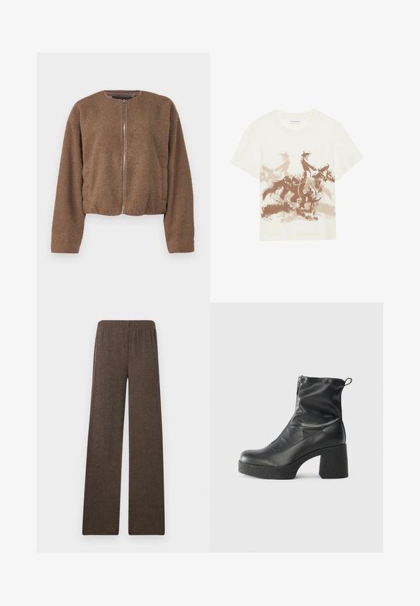 Brun cropped jakke laget av teksturert fleece med rund hals, glidelås foran og sidelommer.; Lys beige bomull t-skjorte med brun grafikktrykk av to hesteridende i bevegelse. Rund hals og korte ermer.; Bredde bukser laget av teksturert brunt stoff med elastisk midjebånd, med en rettskåret design og glatt overflate.; Svarte ankelstøvler laget av glatt lær, med glidelås på siden, chunky strukturert hæl, og rund tå-design.