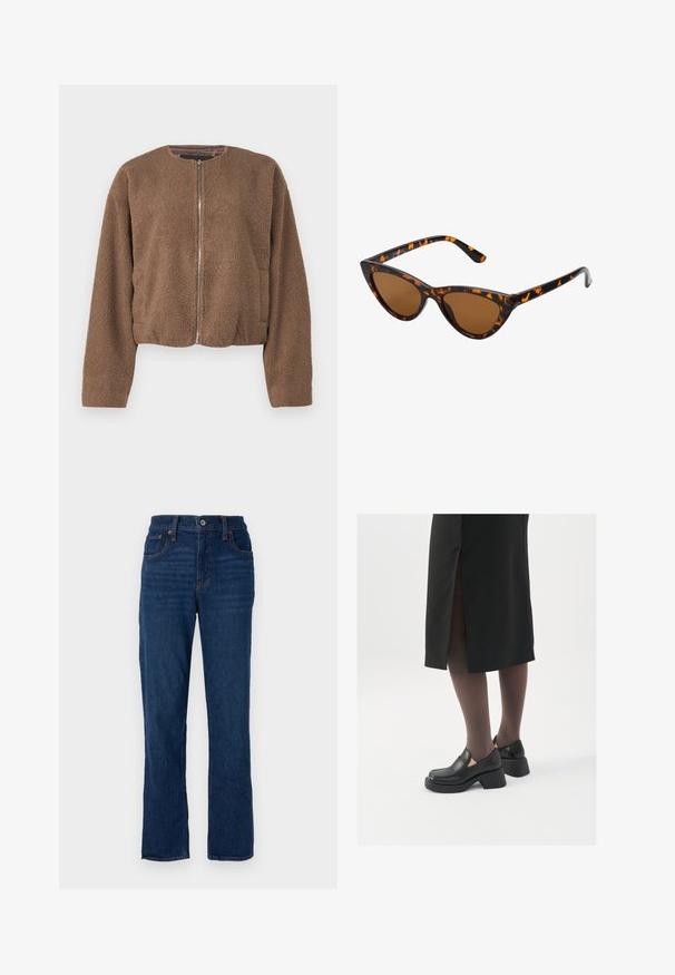 Pruun lühike jakk, mis on valmistatud tekstureeritud fliisist, ümmarguse kaelusega, tõmblukk ees ja küljetaskudega.; Valge ilma varrukateta T-särk, mis on valmistatud ribakangast, ümarate kaelustega ja kitseneva siluetiga, minimaalse õmbluste ning ilma kaunistusteta.; Tumedat sinised teksapaid sirge lõikega, viie tasku disainiga, oranžide õmblustega ja nööbiga sulgemisega vöökoht.; Mustad mustad jalatsid ümmarguse varbaga, paksu plokkniidi ja elastsete külgdetailidega, kombineeritud tumedate sukkade ja musta lõhikuga seelikuga.; Kassi vormiga prillid musta ja oranži kilpkonnakujulise raami, pruunide läätsede ja elegantsete teravate otstega. Templi juures on minimaalne logo.; Hõbedased rõngaskõrvarõngad keerutatud disainiga, millel on poleeritud viimistlus ja posti-tagune sulgemine. Diameeter umbes 3 cm.