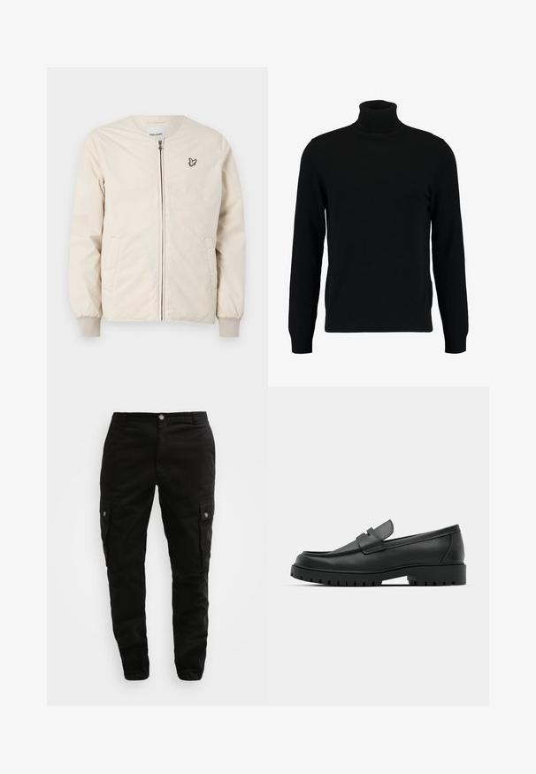 Light beige bomber jacket with a round neckline, front zipper, and two side pockets. Features a small, embroidered logo on the chest.; Black turtleneck sweater made of a soft knit material. Features long sleeves, ribbed collar, and hem. Simple, sleek design without patterns.; Black cargo pants made of durable fabric, featuring side pockets, a button closure, and a slim fit design. Smooth texture with minimal detailing.; Black leather loafers with a rounded toe, featuring a stitched design, low platform sole, and a textured, lugged rubber outsole.