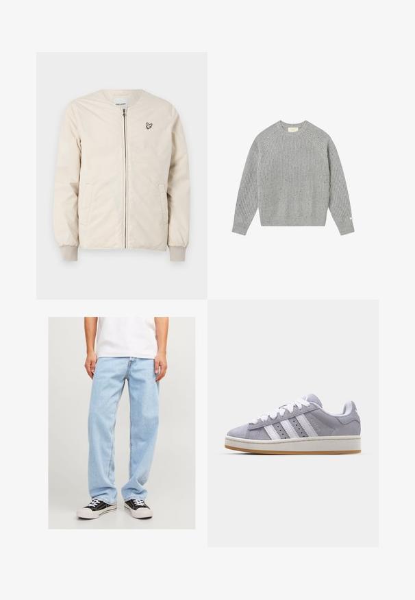 Light beige bomber jacket with a round neckline, front zipper, and two side pockets. Features a small, embroidered logo on the chest.; Gray knit sweater with ribbed texture, raglan sleeves, and a round neck. Features subtle speckles and a small label on the sleeve.; White cotton t-shirt with short sleeves, crew neckline, and a relaxed fit. Smooth texture with no visible patterns or accents.; Light blue denim jeans with a relaxed fit, featuring a straight leg design and standard stitching, paired with black sneakers.; Gray suede sneakers with white stripes, round toe, and rubber sole. Features perforations on the side and textured heel tab.