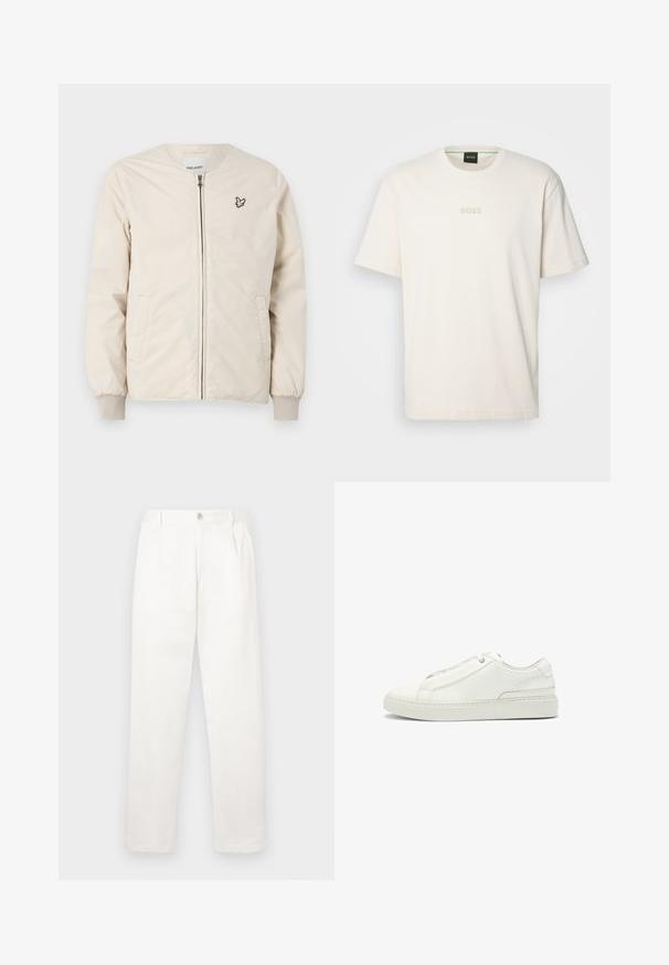 Hellbeige Bomberjacke mit rundem Halsausschnitt, Frontreißverschluss und zwei Seitentaschen. Verfügt über ein kleines, gesticktes Logo auf der Brust.; BOSS TEE - T-Shirt basic - open white; Weiße Hose aus glattem Gewebe, mit geradem Bein, Vorderfalten und einem einzelnen Knopfverschluss an der Taille.; Weiße Leder-Sneaker mit strukturierter Oberseite, runder Zehenform, minimalistischem Design und Gummisohle mit gestickten Details.