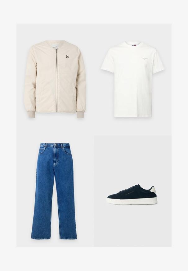 Light beige bomber jacket with a round neckline, front zipper, and two side pockets. Features a small, embroidered logo on the chest.; White cotton t-shirt with short sleeves, V-neck, and a small embroidered logo on the left chest. Smooth texture and regular fit.; Blue high-waisted, wide-leg denim jeans with front button and zip closure, belt loops, and five pockets.; Navy suede sneaker with white rubber sole, rounded toe, and contrasting heel tab; features tonal laces and a logo detail on the side.