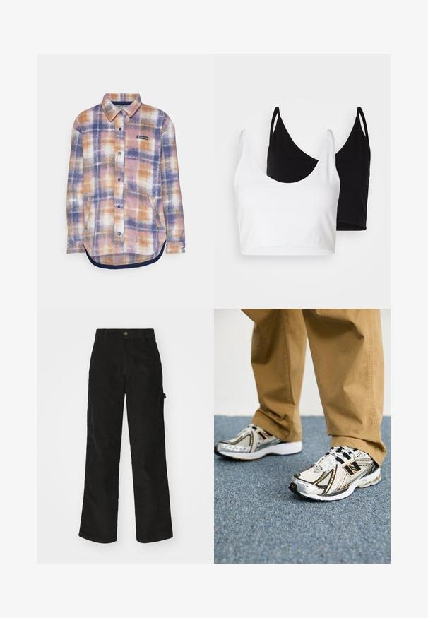 Columbia BENTON SPRINGS™ SHIRT JACKET II - Fliisjakk - nocturnal; Kaks puuvillast crop topi, valge ja must. Igal on sügav kaelus ja õhukesed õlapaelad, ning need on valmistatud siledast, pehmest materjalist.; Mustadest korduroopükstest sirge säärega mudel, millel on nööbi sulgemine ja külgtaskud. Sile tekstuur peenete vertikaalsete triipudega.; Valged ja hõbedased New Balance'i spordijalatsid mustade aktsentide ja paeltega, millel on võrgust pealmine osa, pehmendusega tallad ja dünaamiline disain.