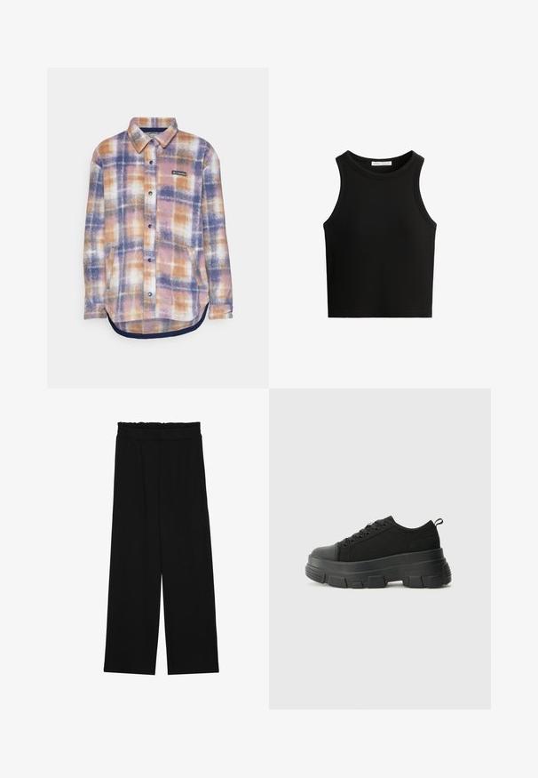 Columbia BENTON SPRINGS™ SHIRT JACKET II - Polárdzseki - nocturnal; Fekete bordázott ujjatlan felső, kerek nyakú és széles karöltőkkel. Az anyag lágy hatásúnak tűnik, és testhezálló fazonú.; Fekete, bőszárú nadrág fodros derékrésszel, két oldalsó zsebbel és sima, könnyű anyagból. Nincsenek látható minták vagy fémalkatrészek.; Fekete sportcipők vastag gumitalppal, texturált szövet felsőrésszel, kerek orral és fűzős kialakítással. Megerősített fűzőlyukakkal és hátsó húzófüllel rendelkezik.