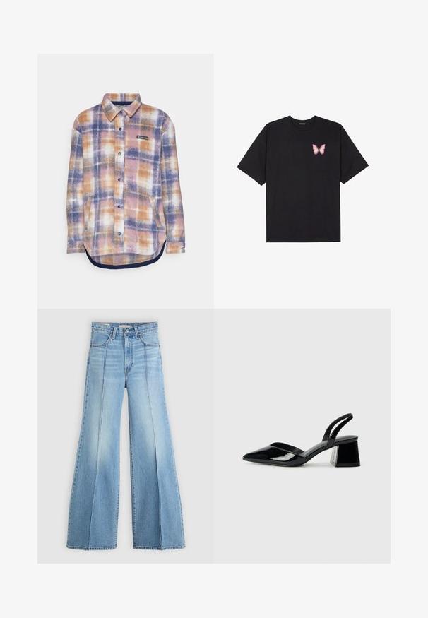 Columbia BENTON SPRINGS™ SHIRT JACKET II - Fleecejakke - nocturnal; Svart bomulls T-skjorte med korte ermer, med en liten rosa sommerfugl grafikk på venstre bryst. Crew-neck design med en avslappet passform.; Lyseblå høytlivsjeans med vide ben, front- og baklommer, beltehemper og vertikale sømdetaljer foran.; Svarte patentlær slingback hæler med spiss tå og geometrisk blokk hæl. Har et stilrent, minimalistisk design og jevn tekstur.