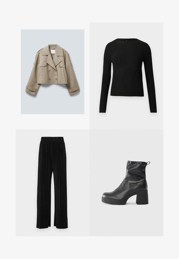 Beige kort uld dubbeltradet jakke med brede klapper, knap-lukket klaplommer og stropdetaljer på manchetter og skuldre.; Sort ribbet langærmet tætsiddende sweater med rund halsudskæring, præsenteret på en ensfarvet lys baggrund.; Sorte plisserede bukser med elastisk talje. Har brede ben og et glat, tekstureret stof med lodrette striber.; Sorte ankelstøvler lavet af glat læder, med en sidelukning, kraftig struktureret hæl og rundt tådesign.