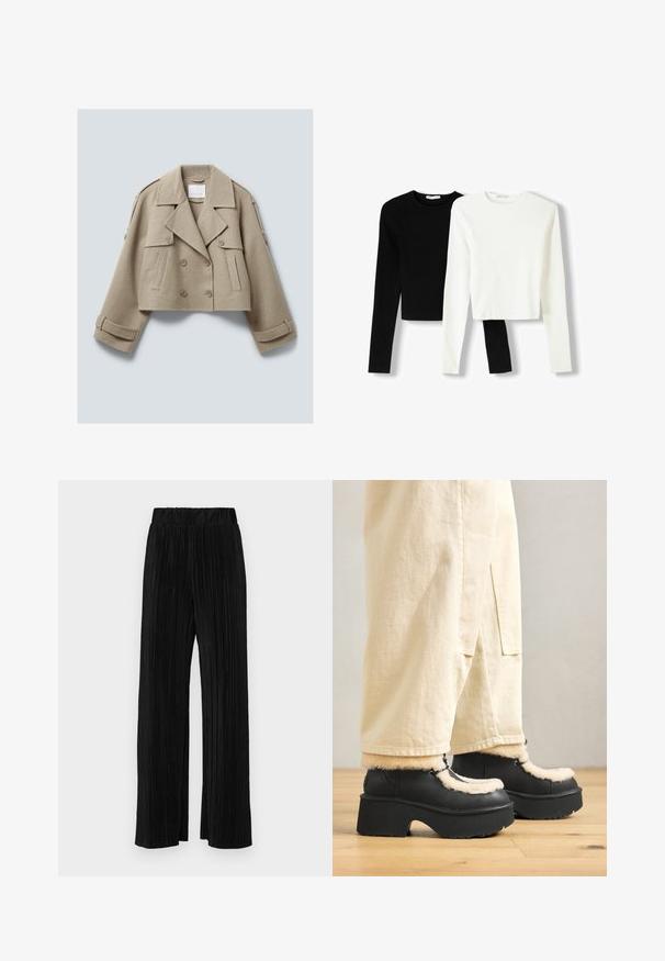 Beige cropped wool double-breasted jacket with wide lapels, buttoned flap pockets, and strap details on cuffs and shoulders.; Two long-sleeve cropped tops, one black and one white, made of a smooth fabric with round necklines and a fitted design.; Black pleated trousers with an elastic waistband. Features wide legs and a smooth, textured fabric with vertical stripes.; Black platform boots with a rounded toe, featuring a fluffy cream collar and lace details, paired with loose beige pants on a wooden floor.