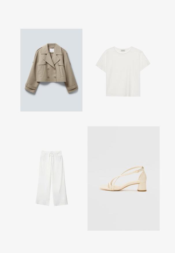 Beige kort uld dubbeltradet jakke med brede klapper, knap-lukket klaplommer og stropdetaljer på manchetter og skuldre.; Hvid kortærmet T-shirt lavet af blødt bomuld. Har en rund halsudskæring og en afslappet pasform. Rent design uden synlige mønstre eller accenter.; Hvide bukser med vidde lavet af blødt stof, med bindebånd i taljen og to forlommer. Glat tekstur og uden synlige mønstre.; Beige hæle sandaler med blokhæl, remdesign og justerbar ankelrem, lavet af glat syntetisk materiale med en mat finish.