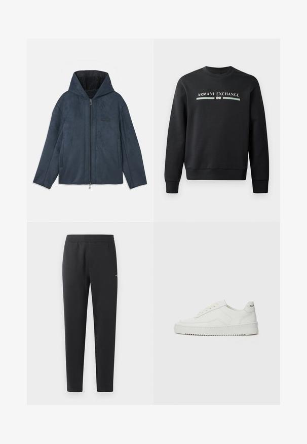 Tumši zilas krāsas uzvalku jakas ar kapuci, kas izgatavota no mīksta, zamšādas līdzīga materiāla, ar rāvējslēdzēju priekšā, sānu kabatām un mīkstu iekšējo oderi.; Melna sporta krekla izgatavots no mīksta auduma. Tam ir apaļš kakls un garas piedurknes. Priekšpusē ir rakstīts "ARMANI EXCHANGE" un "1991" kontrastējošās krāsās.; Melni sporta bikses, kas izgatavotas no mīkstas auduma, ar elastīgu jostasvietu, taisnām kājām un nelielu logotipa detaļu sānos.; Baltas ādas sneakers ar gludu virsmu, apaļu pirkstu daļu, plakaniem šņorēm un teksturētu zoli. Satur diskrētu logotipu uz papēža.