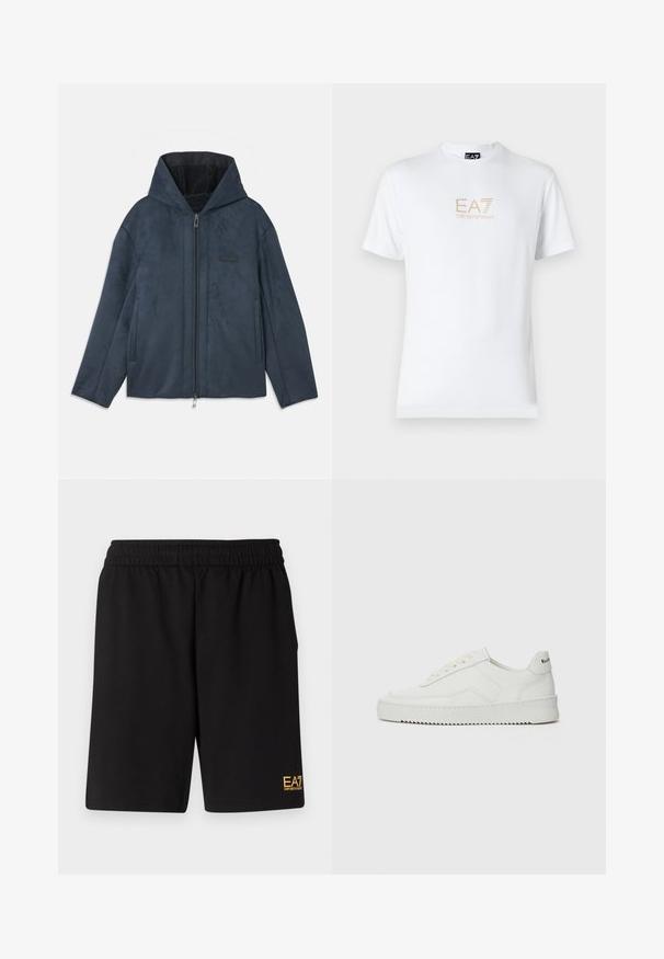 Tmavomodrá mikina s kapucňou vyrobená z mäkkého, semišovému materiálu, má zips vpredu, bočné vrecká a plyšovú podšívku.; Biela bavlnená tričko s okrúhlym výstrihom a krátkymi rukávmi, na prednej strane s potlačou zlatého loga EA7 Emporio Armani.; Čierne športové šortky vyrobené z jemného materiálu, s elastickým pásom a malým žltým logom EA7 na dolnej ľavej nohe.; Biele kožené tenisky s hladkým povrchom, okrúly špičkový dizajn, ploché šnúrky a textúrovaná podrážka. Obsahujú jemné logo na päte.