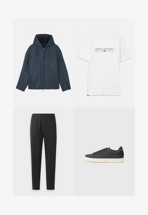 Tumši zilas krāsas uzvalku jakas ar kapuci, kas izgatavota no mīksta, zamšādas līdzīga materiāla, ar rāvējslēdzēju priekšā, sānu kabatām un mīkstu iekšējo oderi.; Baltas kokvilnas t-krekls ar īsām piedurknēm, ar zilu un zaļu "ARMANI EXCHANGE" logo un "1991" centrā zem tā.; Melni sporta bikses, kas izgatavotas no mīkstas auduma, ar elastīgu jostasvietu, taisnām kājām un nelielu logotipa detaļu sānos.; Melna ādas kedas ar zemu profilu, noapaļotu purngalu un savelkamu aizdari; ar teksturētu gumijas zoli un logotipa detaļu uz papēža.