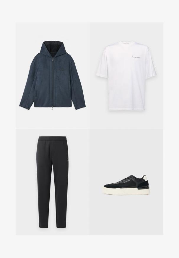 Dark blue hooded jacket made of soft, suede-like material, featuring a zip front, side pockets, and a plush inner lining.; White short-sleeve t-shirt in cotton with a v-neck, featuring a black "FILLING PIECES" logo printed on the left side.; Black jogger pants made of soft fabric, featuring an elastic waistband, straight legs, and a single small logo detail on the side.; Black sneaker made of mesh and leather, featuring a thick white sole and contrasting accents. Laces and logo detail on the side.