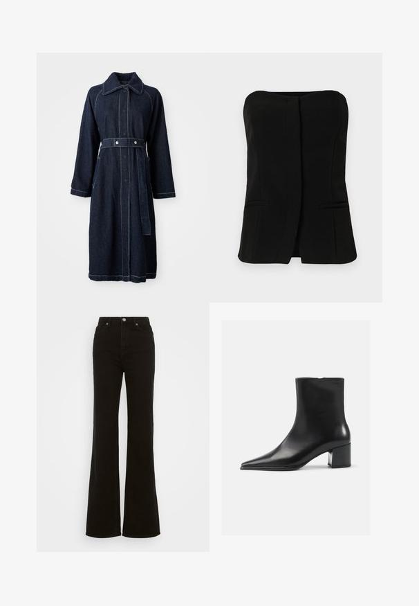 Tumši zila denima jaka ar apkakles kaklu, garām piedurknēm un jostā. Iedarbina kontrastējoša balta šuvju un sānu kabatas.; Melna bez piedurknēm T-kreklā ar taisnu peņu, priekšējo pogu rindu un divām paslēptām sānu kabatām. Gluda auduma, ar izsmalcinātu dizainu.; Augstas jostas melni izplūduši džinsi, kas izgatavoti no denima, ar pogu aizdari, sānu kabatām un gludu tekstūru.; Melnas ādas potītes zābakus ar norādītu pirkstu, gludu tekstūru un vidēju bloku papēdi. Minimālisma dizains, ar rāvējslēdzēju aizmugurē.