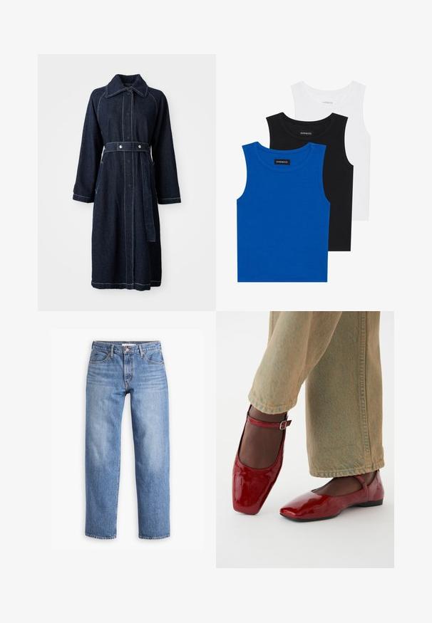 Casaco de ganga escura com gola, mangas longas e cintura cingida. Apresenta costuras brancas em contraste e bolsos laterais.; Três camisetas sem mangas em azul, preto e branco. O tecido é canelado com um decote redondo. Cada camiseta tem uma etiqueta com a inscrição "even&odd."; Jeans de denim azul claro com um corte reto, cinco bolsos e fecho com zipper. O tecido tem um acabamento texturizado clássico com leve desbotamento.; Sapatos de verniz vermelho com bico quadrado, salto baixo e tira no tornozelo, emparelhados com calças largas verde claro. Textura suave, superfície reflexiva.