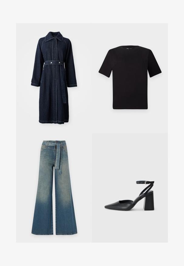 Mörk denimjacka med krage, långa ärmar och bälte i midjan. Har kontrasterande vit sömnad och sidofickor.; Svart kortärmad t-shirt med rund halsringning, tillverkad i mjukt bomullstyg. Enkelt mönster, utan synliga logotyper eller mönster.; Breda denimbyxor med en ljus till mörkblå gradient, hög midja, bälteshällor och ett matchande tygbälte. Texturerad denimfinish.; Svart läderpumps med spetsig tå, ankelrem och kraftig klack. Slät textur, stilren design och minimalistisk estetik.