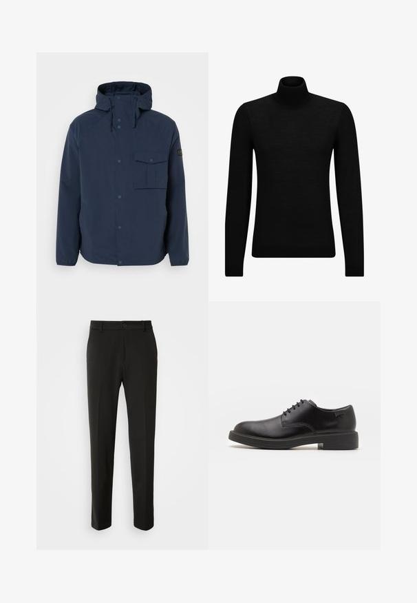 Tumesinine jope, millel on kapuuts, esitukid, küljetaskud ja rinna-tasku. Valmistatud sileda ja vastupidava materjali kasutades ning lõige on mugav.; Musthave muströid ja pehmest materjalist must turtleneck, millel on pikad varrukad ja tihe istuvus. Ribaga ääris allservas ja vöökohal. Lihtne disain.; Mustad püksid siledast kangast, sirgete jalgadega, nupuvõtme sulgemisega ja klassikaline disain, sobiv nii ametlikeks kui ka igapäevasteks kandmiseks.; Must beemel levalis kingad ümarate varvastega, sileda pinnaga, minimaalsete õmblustega ja madala kummist kontsaga. Logo kontsa peal.