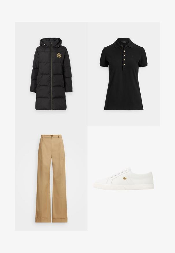 Melnas pūkaina jaka ar kapuci, zelta emblēmas rotājums, vertikāla vīļota dizaina un priekšējā rāvējslēdzēja aizdare. Gluda tekstūra un vidēja garuma piegriezums.; Melna polo krekls no teksturēta auduma ar apkakli, īsām piedurknēm un aizdari ar zelta pogām. Uz krūtīm ir neliels logotips.; Bežīgas platās bikses ar pogu aizdari, kurām ir gluda tekstūra un presētās krokas. Ar aproces apakšmalēm papildu detaļām.; Lauren Ralph Lauren JANSON II CANVAS SNEAKER - Sporta apavi - optic white