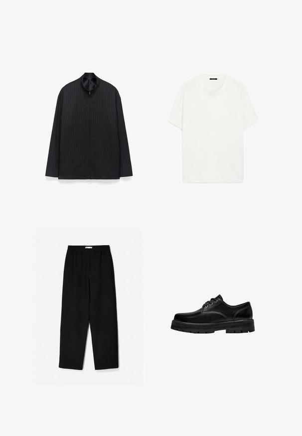 Giacca nera con motivo a righe verticali, colletto alla mandarino, maniche lunghe e chiusura frontale con cerniera. Il materiale appare liscio e leggero.; T-shirt bianco a maniche corte, colletto girocollo, texture morbida, linea dritta, design minimal, senza motivi o accenti visibili.; Pantaloni neri a gamba larga realizzati in un tessuto leggero. Presentano una vita elasticizzata e una texture liscia. Senza motivi visibili o accessori.; Scarpa nera in pelle con lacci, punta arrotondata, finitura texturizzata e suola in gomma spessa con battistrada profondo per una migliore aderenza.