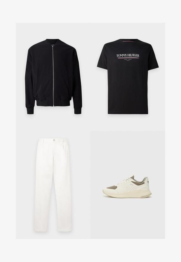Črna bomber jakna z zadrgo spredaj, ribastimi manšetami in spodnjim robom, stranskimi žepe ter gladkim tekstilom. Preprost in klasičen dizajn.; Črnen bombažni majica s kratkimi rokavi, ki prikazuje belo in obarvano logo "TOMMY HILFIGER" z "NEW YORK" in "1985" v manjšem pisanju spodaj. Kroj s krožnim izrezom.; Bele hlače iz gladkega blaga, z ravnimi nogami, sprednjimi gubami in enim gumbom za zapiranje v pasu.; Beli in svetlo bež športni copat, s mrežastim zgornjim delom, perforiranimi detajli in teksturirano srednjim delom z blagovno znamko na peti.