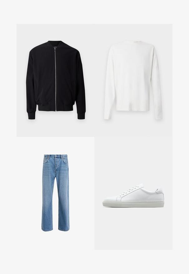 Juodas bombonešis su užtrauktuku priekyje, raukšlėtais rankogaliais ir apdaila, šoniniais kišenėmis bei lygaus audinio tekstūra. Paprastas ir klasikinis dizainas.; Ilgų rankovių baltas medvilninis marškinis su apvalia iškirpte, šonuose su plyšiais apačioje ir lygia tekstūra, rodomas iš nugaros.; Šviesiai mėlyni džinsai su tiesiu kirpimu, penkios kišenės, mygtuko užsegimas, minimalus blukimas ir kontrastingi siuvimo detalės.; Baltas sportinis batelis su lygiu odiniu paviršiumi ir žemu profiliu. Turi suapvalintą pirštą, šešis akių skyrius ir tekstūruotą gumos padą.