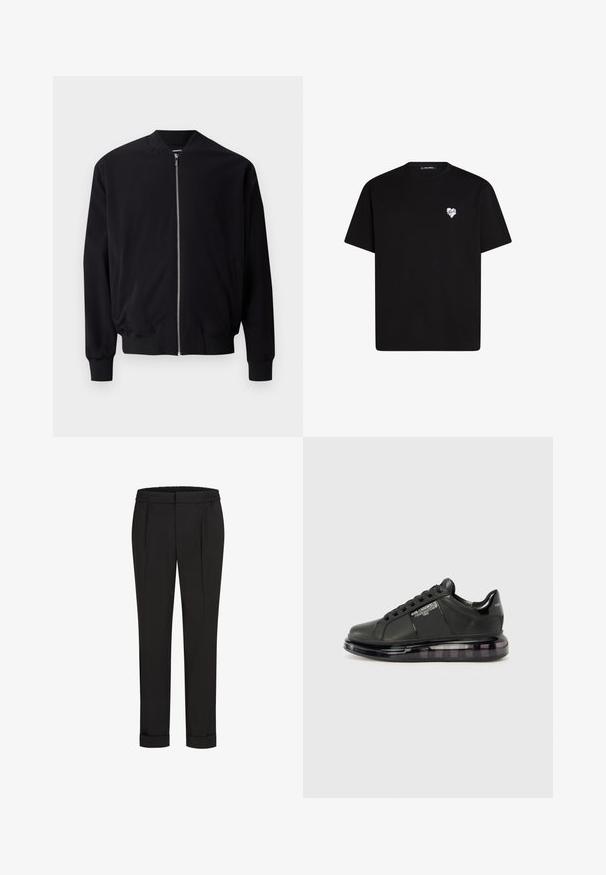 Mustus bomber-jakk, millel on sile esi lukk, soonikkoesed ja -äär, küljetaskud ning sile kanga tekstuur. Lihtne ja klassikaline disain.; Mustvalg mustast puuvillast t-särk lühikeste varrukatega, ümar kaelus ja väike valge südame graafika vasakul rinnal.; Mustad püksid elastse vöökohtaga, sirge jala kujundusega ja üles keeratud äärtega. Valmistatud siledast, kudumisega kangast, ilma mustriteta.; Must mustad musta nahast ülemise osaga, ümarate varvaste ja paeltega disainiga. Omab läbipaistvat, pehmendatud tallat, millel on tume gradient.