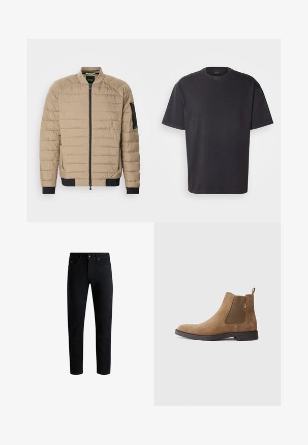 Casaco bomber isolado bege com padrão de matelassé horizontal, detalhes pretos nas mangas e na bainha, e fecho frontal com zíper.; T-shirt preto de mangas curtas feito de algodão, com decote redondo e uma marcação discreta na gola. Textura suave com um corte descontraído.; Jeans pretos slim-fit com cinco bolsos, fecho de botão e passantes para cinto, exibidos contra um fundo branco.; Bota Chelsea castanha em camurça, com painéis laterais elásticos e uma alça. Apresenta um bico arredondado e uma sola de borracha plana para maior estabilidade.