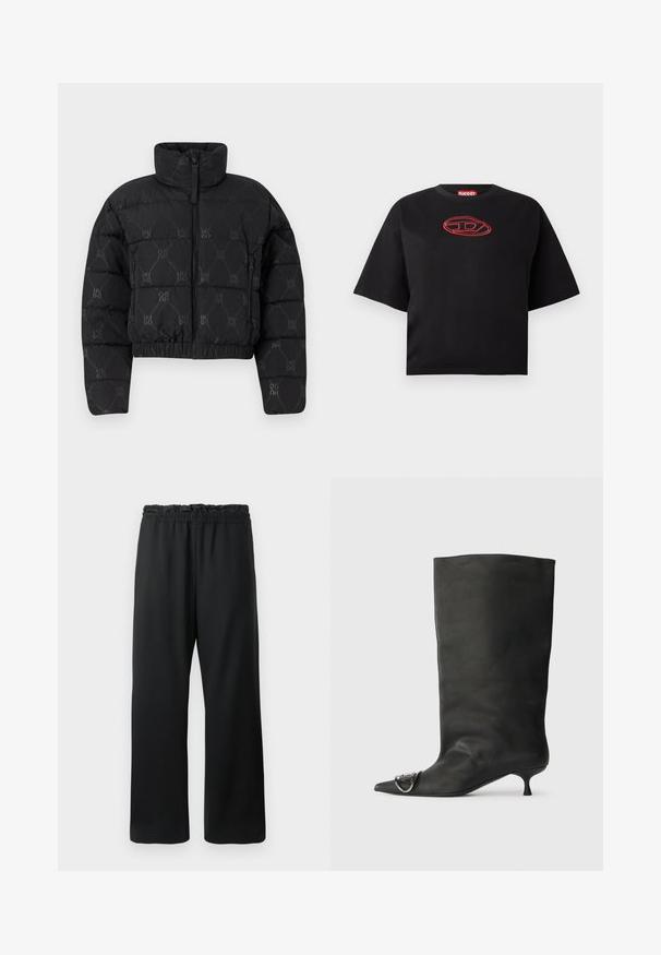 Czarna kurtka puchowa o kroju cropped, z wysokim kołnierzem, zamkiem z przodu i powtarzającym się wzorem "HUGO". Miękka, pikowana faktura.; Czarna krótko rękawowa cropowana koszulka z czerwoną wyszywaną owalną logotypą umiejscowioną na środku klatki piersiowej.; Czarne spodnie o szerokim kroju, z elastycznym pasem i sznurkiem do regulacji, wykonane z gładkiego, lekkiego materiału. Posiadają boczne kieszenie.; Czarne skórzane botki za kostkę z szpiczastym noskiem, małym obcasem i metalicznym akcentem na nosku. Gładka, matowa faktura na całej powierzchni.