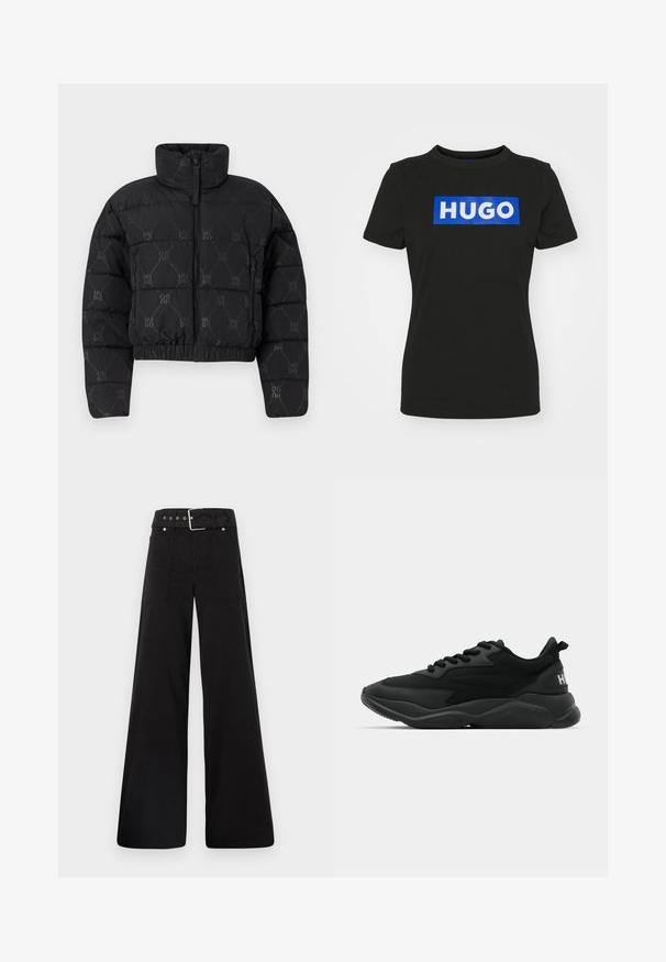 Czarna kurtka puchowa o kroju cropped, z wysokim kołnierzem, zamkiem z przodu i powtarzającym się wzorem "HUGO". Miękka, pikowana faktura.; Czarna koszulka z krótkim rękawem wykonana z bawełny, z dużą niebieską graficzną prostokątną grafiką z napisem "HUGO" w białych, pogrubionych literach.; Czarne spodnie o szerokich nogawkach wykonane z bawełny, z wysokim stanem, dużymi bocznymi kieszeniami i paskiem w talii z akcentami w kolorze srebrnym.; Czarne sportowe sneakersy z teksturowaną cholewką, sznurowaniem, wyściełaną podeszwą oraz markowym akcentem na pięcie.