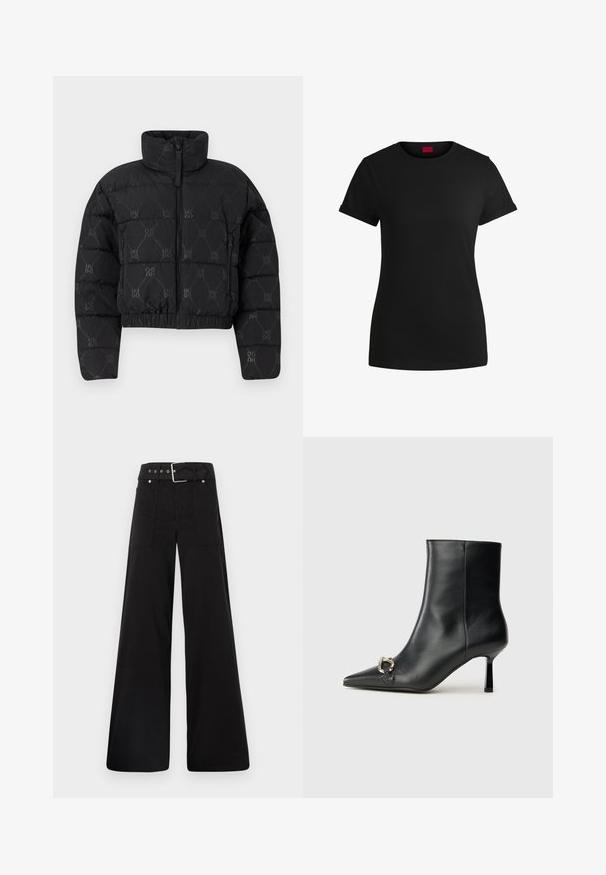 Schwarze Pufferjacke mit verkürztem Design, hochgeschlossenem Kragen, Frontreißverschluss und durchgehendem "HUGO"-Muster. Weiche, gesteppten Struktur.; Schwarzes Baumwoll-T-Shirt mit kurzen, aufgerollten Ärmeln, rundem Halsausschnitt und rotem Etikett. Glatte Textur, taillierte Form mit minimalen Details.; Schwarze weitgeschnittene Hose aus Baumwolle, mit hoher Taille, großen Seitentaschen und einem taillierten Bund mit silbernen Hardware-Akzenten.; Schwarze Leder-Stiefelette mit spitzer Zehe, schlankem, mittelhohem Absatz und silberner Schnalle seitlich vor einem schlichten Hintergrund.