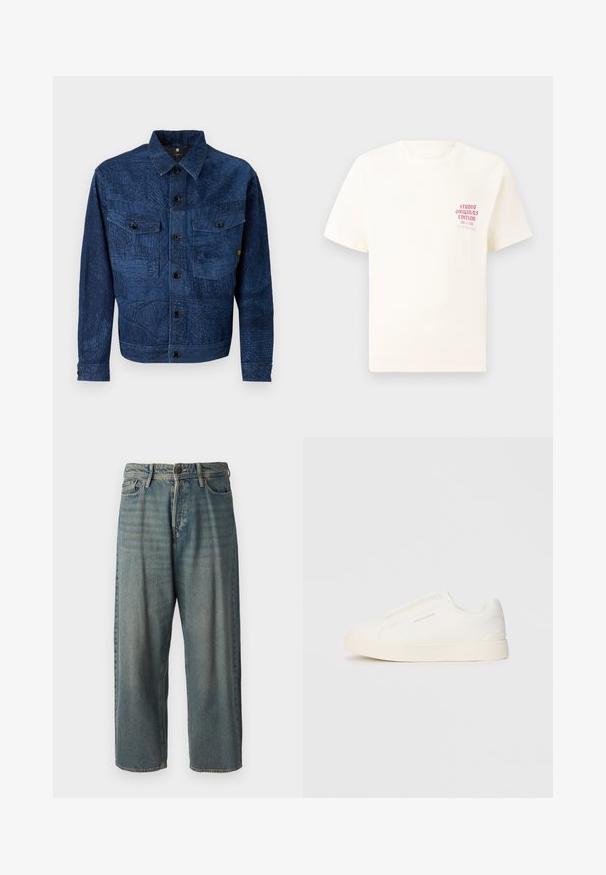 Τζάκετ από τζιν σε σκούρο μπλε χρώμα με περίπλοκα υφασμάτινα σχέδια, διαθέτοντας κουμπωτή μπροστινή πλευρά, δύο τσέπες στο στήθος και γιακά.; Άσπρη κοντομάνικη μπλούζα με κόκκινο κείμενο "Studio Originals Edition" στο αριστερό στήθος, παρουσιασμένη σε ουδέτερο γκρι φόντο.; Ανοιχτό μπλε τζιν παντελόνι με χαλαρή γραμμή, μέση μέσου ύψους και ευθείες γραμμές. Περιλαμβάνει πέντε τσέπες, θηλιές ζώνης και κούμπωμα με κουμπί.; Λευκά slip-on παπούτσια με υφή, παχύ πάτο και μινιμαλιστικό σχέδιο. Φέρει το λογότυπο της μάρκας στο πλάι.
