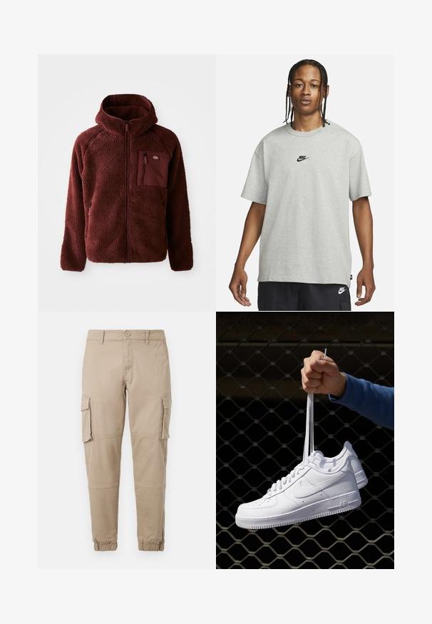 Burgundska flis jakna z zadrgo, kapuco, stranskimi žepi in žepom na prsih. Teksturen, mehak material z nekoliko večjim krojem.; Mlad človek z zasebnimi lasmi, oblečen v svetlo sivo majico Nike in črne kratke hlače Nike pred enostavno belo kuliso.; Bežne cargo hlače iz lahkega bombažnega materiala. Imajo elastične manšete, več stranskih žepov in gumbasto zapiranje.; Bela usnjena športna obutev s perforacijami, okroglo konico, ravnim podplatom in debelimi vezalkami, z vidnim logotipom smoosh in napisom "AIR" na peti.