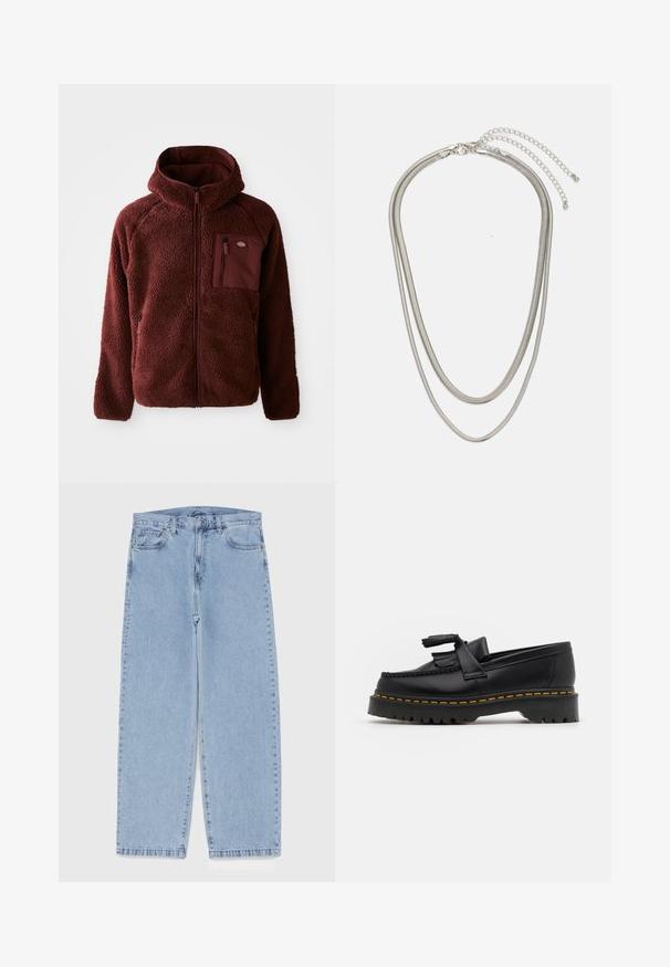 Bordo fliso striukė su užtrauktuku priekyje, kapučinu, šoninėmis kišenėmis ir krūtinės kišene. Tekstūruota, minkšta medžiaga su šiek tiek per dideliu kirpimu.; Penki ilgomis rankovėmis marškiniai išdėstyti eilėje: turkio, juodos, baltos, tamsiai pilkos ir tamsiai mėlynos spalvų. Minkšta medžiaga su apvalia apykakle ir standartiniu gaminiu.; Šviesiai mėlyni džinsai su tiesiomis kojomis, turintys vidutinio aukščio juosmenį, penkias kišenes ir mygtuko bei užtrauktuko uždarymą.; Juodas odinis loaferis su kutais, turintis masyvų juodą pado ir geltonus siūlus palei kraštą. Textūruota danga.; Trijų sluoksnių sidabrinė metalinė apyrankė, kuri pasižymi stilingomis, lankstosiomis grandinėlėmis su švelniu blizgesiu, užsegama krabų užsegimu ir reguliuojama grandinė.