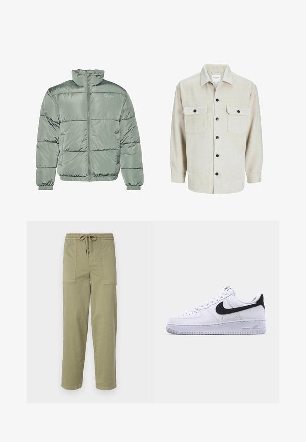 Jachetă căptușită în verde deschis, cu guler înalt, fermoar vertical și manșete și tiv elastic pentru o potrivire strânsă. Țesătură netedă și lucioasă.; Cămașă din flanel bej cu guler, având două buzunare pe piept, nasturi negri și mâneci lungi cu manșete cu nasturi.; Pantaloni de culoare verde măslin deschis, confecționați dintr-un amestec de bumbac, cu un tiv elastic și șnur, și două buzunare laterale mari.; Adidași din piele albă cu un Swoosh negru texturat, șireturi plate și o talpă din cauciuc cu un model zimțat. "AIR" este embosat pe călcâi.