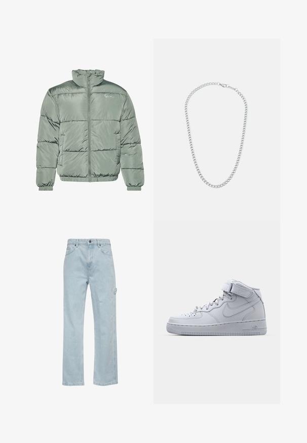 Prošívaná bunda v světle zelené barvě, s vysokým límcem, zapínáním na středový zip a elastickými manžetami a lemem pro pohodlné nošení. Hladký, lesklý materiál.; Černé bavlněné tričko s krátkým rukávem, kulatým výstřihem a bílým podpisovým logem potištěným na přední straně. Hladká textura a volný střih.; Světle modré džíny s rovnými nohavicemi, které mají přední a zadní kapsy a boční cargo kapsu. Hladká textura, neformální styl.; Vysoké šedé tenisky Nike Air Force 1 s koženým svrškem, polstrovaným límcem a pásem na suchý zip. Ikonický design obsahuje perforovanou špičku.; Stříbrný kovový řetízek na krk s proplétajícími se články a bezpečným zapínáním, hladký povrch, rovnoměrné zpracování a klasický design.