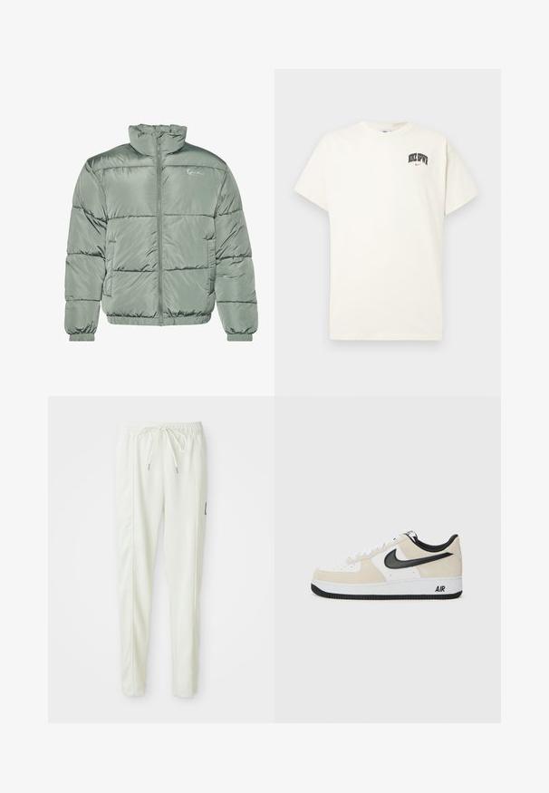 Šviesiai žalia paminkštinta striukė su aukštu apykakle, centriniu užtrauktuku ir elastinėmis rankogaliais bei apačia, užtikrinančia tvirtą prigludimą. Lygus, blizgus audinys.; Kremo spalvos medvilninis marškinėlis trumpomis rankovėmis, su "NIKE SB" juodu ir raudonu tekstu ant krūtinės. Standartinė apvali iškirptė.; Baltos lieknos jogger kelnes su elastinga juosta ir raišteliu, turinčios šonines siūles ir mažą juodą emblemą dešinėje kojoje.; Batai sportui su šviesiai rudos suku ir baltos odos viršutinė dalimi, juodom Nike swoosh detalėm, juodais akcentais ir balta gumine padanga su "AIR" ženklu.