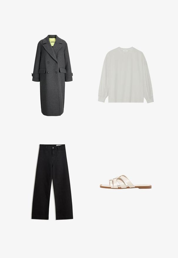 Sivo plašč iz volnene mešanice, dvoredno zapiranje z velikimi klapnicami, dvema sprednjima žepoma in manšetami. Podložen z svetlo rumeno tkanino.; Svetlo siva majica s dugim rukavima izrađena od mekog pamuka. Ima slobodan kroj, okrugli izrez i blago nabrane manžetne. Bez uzoraka ili grafike.; Črne široke denim hlače z visokim pasom, ki imajo sprednje in zadnje žepe, šivane šive ter gumbasto zapiranje. Gladka tekstura.; Ravne sandale s svetlo rjavim gumijastim podplatom, zasnovane s tremi prekrivajočimi se belimi usnjenimi trakovi in majhnim lokom na sredini.
