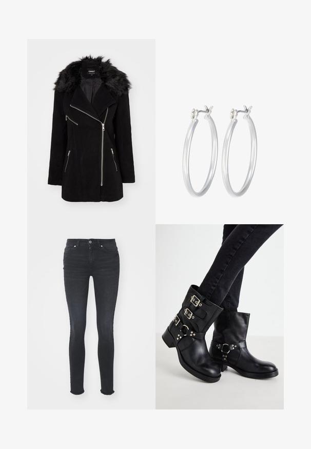 Čierny dlhý kabát vyrobený z vlnenej zmesi, s golierom z umelého kožušiny, asymetrickým zipsom a zapínaním na prednej strane s vreckami na zips.; Čierny dlhý rukáv body s vysokým golierom, s pevným látkovým trupom a priehľadnými sieťovinovými rukávmi, navrhnuté v priliehavom strihu.; Čierne džíny Skinny s stredne vysokým pásom, piatimi vreckami a roztrhnutým okrajom. Tkanina má hladkú textúru s miernym elastickým efektom.; Čierne kožené členkové čižmy so tromi prackami, zaoblenou špičkou a nízkym blokovým podpätkom. Dizajn obsahuje hladké a textúrované panely.; Strieborné kruhové náušnice s hladkým, lesklým povrchom. Kolový tvar a bezpečné klikanie na uzatváranie. Ľahký dizajn vhodný na každodenné nosenie.