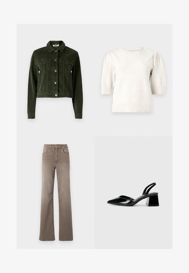 Noisy May NMDEBRA - Light jacket - kombu green; Cream short-sleeve sweater made of soft knit material, featuring a round neck, puffed shoulders, and ribbed hem and sleeve edges.; Brown high-waist straight-leg jeans with front button, belt loops, and classic five-pocket design on a white background.; Black patent leather slingback heels with a pointed toe and a geometric block heel. Features a sleek, minimal design and smooth texture.