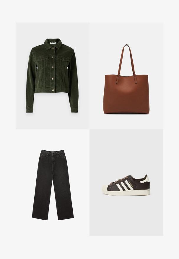 Noisy May NMDEBRA - Ľahká bunda - kombu green; Tmavošedý top s krátkym rukávom a lodičkovým výstrihom. Vyrobený z rebrovanej látky, s voľným strihom a čistým lemovaním. Jednoduchý dizajn, bez vzorov.; Čierne široké džínsy vyrobené z denimu, s malými bodkovanými vzormi, klasickým dizajnom s piatimi vreckami a zapínaním na gombík a zips.; Nízke tenisky Adidas Superstar z tmavohnedej kože s béžovou špičkou, bielymi pruhmi a nápisom „Superstar“ na boku.; Hnedá kožená taška na rameno s hladkou textúrou, otvoreným vrchom a dvoma ramenými popruhmi. Má minimálne šitia a žiadne viditeľné kovania.
