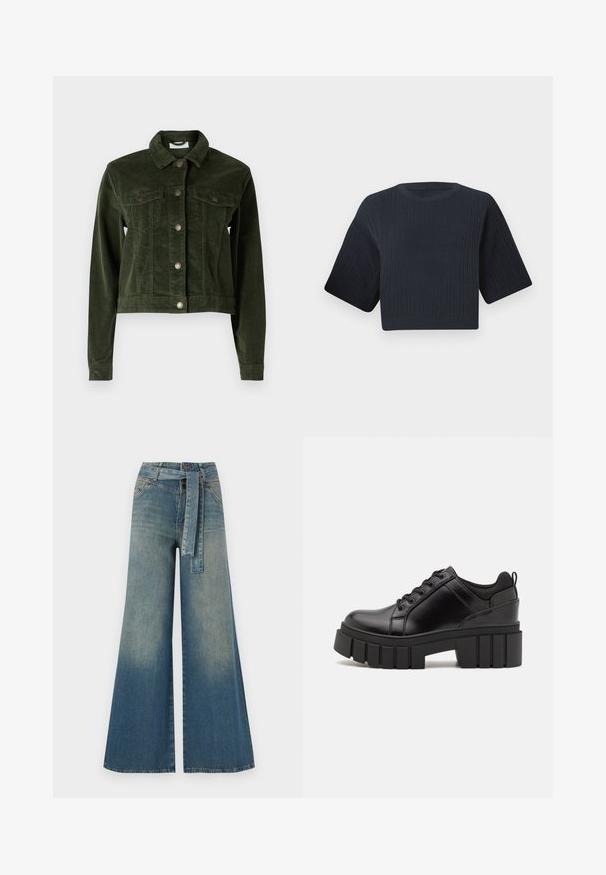 Noisy May NMDEBRA - Lahka jakna - kombu green; Temno modri skrajšani pleteni pulover z rebrasto teksturo, kratkimi širokimi rokavi in okroglim izrezom. Preprost dizajn, brez vidnih vzorcev ali poudarkov.; Široke jeans hlače z gradientom od svetlo do temno modre, visokim pasom, zankami za pas in pasom iz istega materiala. Tekstura denim končnica.; Črne usnjene platforme z debelim blokastim petam, okroglo konico in klasičnim vezanjem. Imajo gladko teksturo in minimalne podrobnosti.