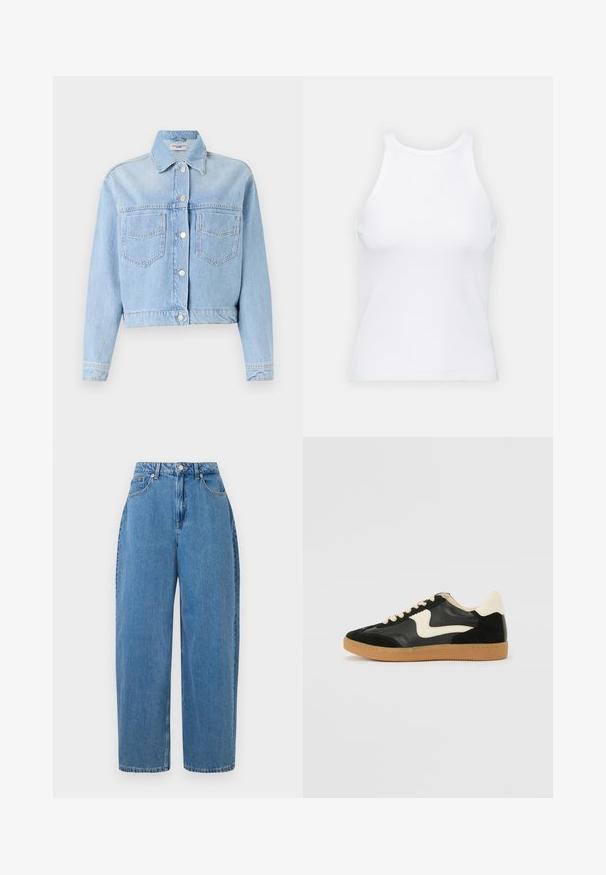 Giacca di jeans azzurro chiaro, design cropped, colletto a punta, bottoni a pressione frontali, due tasche sul petto con lembi inclinati, dettagli cucitura sulle maniche.; Top senza maniche bianco realizzato in tessuto a coste, caratterizzato da un collo arrotondato e una silhouette aderente, con cuciture minime e senza decorazioni.; Pantaloni in denim azzurro chiaro con vestibilità a gamba dritta, vita alta e chiusura frontale con bottone. Caratterizzati da cinque tasche e dettagli di cucitura minimi.; Sneaker nera in suede e pelle con un sorriso laterale crema e un tallone di un leggero crema. Presenta lacci beige e una suola in gomma color caramello.
