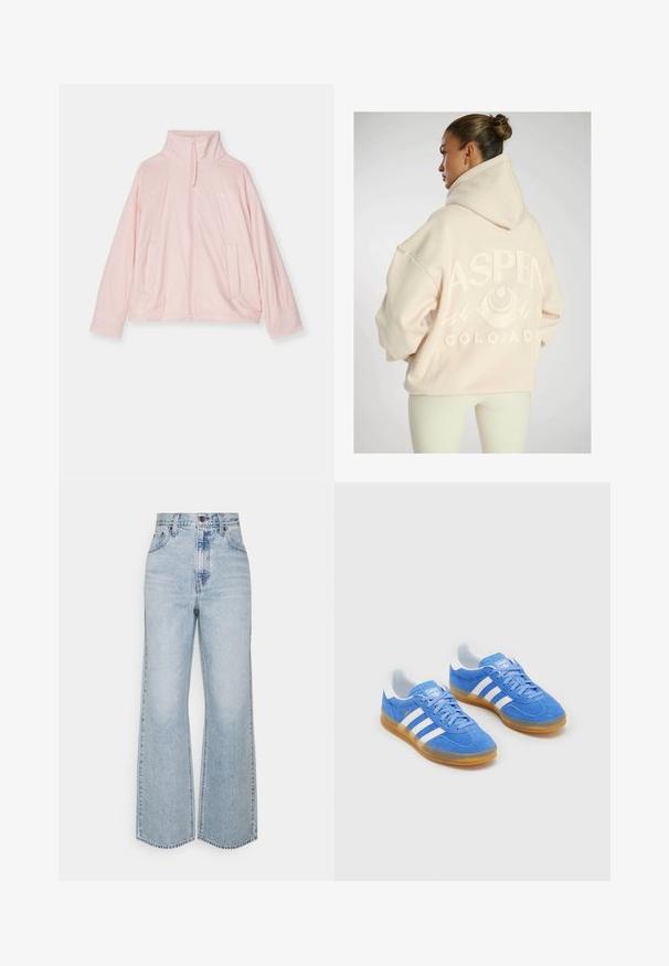 Giacca zip-up rosa chiaro realizzata in tessuto morbido. Presenta un colletto alto, due tasche frontali e un logo discreto sul petto.; Felpa over-size beige chiaro con una grafica testurizzata "ASPEN COLORADO", caratterizzata da design di montagne e cappuccio con cordino.; Jeans a gamba larga in denim azzurro chiaro con vita alta, design classico a cinque tasche e cuciture a contrasto. Dettaglio con orlo grezzo sul fondo.; Scarpe sportive blu in suede con dettagli bianchi a strisce, suola in gomma e colletto imbottito per il comfort. Presentano un classico design con lacci.