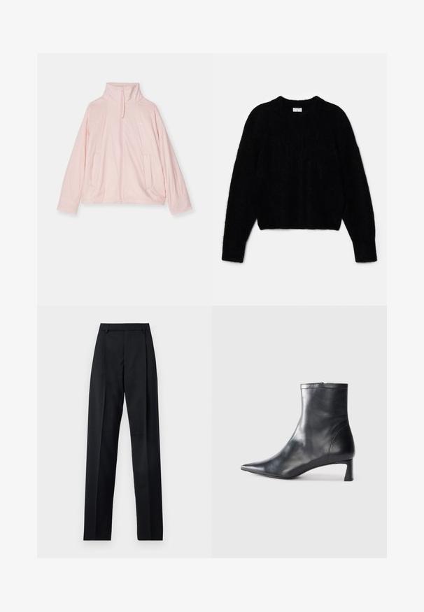 Light pink zip-up jacket made from smooth fabric. Features a high collar, two front pockets, and a subtle logo on the chest.; Black cropped sweater made of fluffy material. Features a round neckline and long sleeves with a soft texture. Minimal design, no patterns.; Black trousers made from smooth fabric featuring a high waist, wide legs, front pleats, and classic belt loops. No side pockets visible.; Black leather ankle boot with a pointed toe and a sleek design. Features a low heel and a zipper closure at the back. Smooth texture.