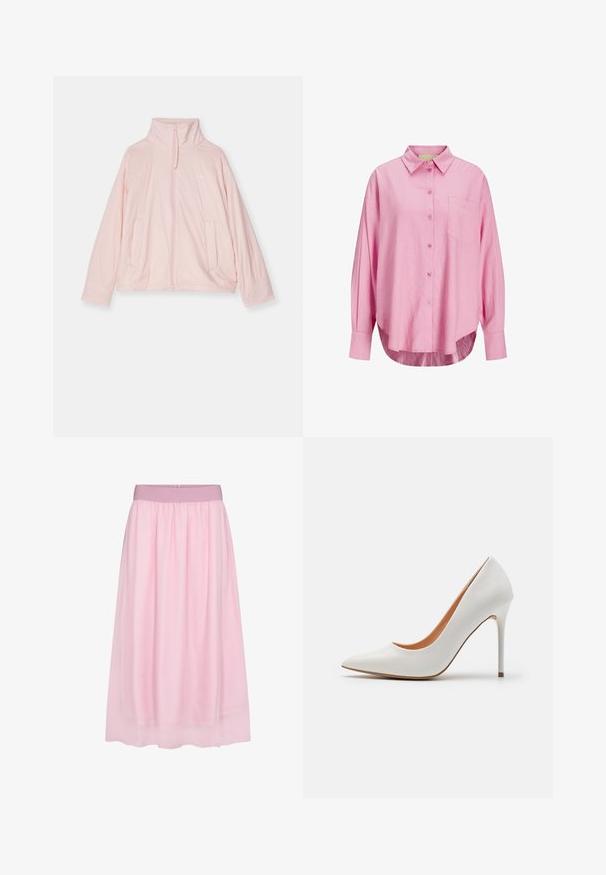 Svetlo roza zip-up jakna, izdelana iz gladkega materiala. Ima visok ovratnik, dva sprednja žepa in subtilen logotip na prsih.; Svetlo roza srajca s kratkimi rokavi in ovratnikom, dolgimi rokavi, enim žepom na prsih in rahlo ukrivljenim robom. Tkanina se zdi mehka.; Roza tila krila s mehkim, prozornim dizajnom. Ima elastičen pas in tekoč profil, kar ustvarja plastičen učinek.; Bela lakirana visokotartna obutev z ostrim nosom in tanko peto stiletto, s gladko teksturo in bež notranjostjo.