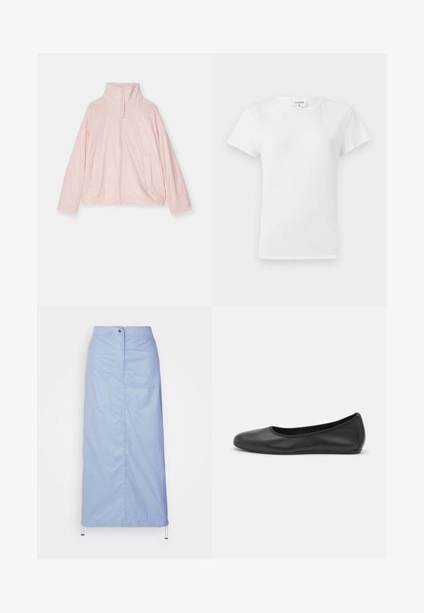 Giacca zip-up rosa chiaro realizzata in tessuto morbido. Presenta un colletto alto, due tasche frontali e un logo discreto sul petto.; T-shirt bianco in cotone con colletto a girocollo e maniche corte, caratterizzato da una vestibilità rilassata e un design minimalista. Etichetta visibile sul collo.; Gonna blu chiaro, di lunghezza media, realizzata in materiale liscio e leggero con taglio dritto, dotata di chiusura con bottoni frontali e orlo con cordoncino.; Pantofole da balletto nere in pelle con punta arrotondata, texture liscia, dettagli di cucitura minimi e design con suola flessibile.