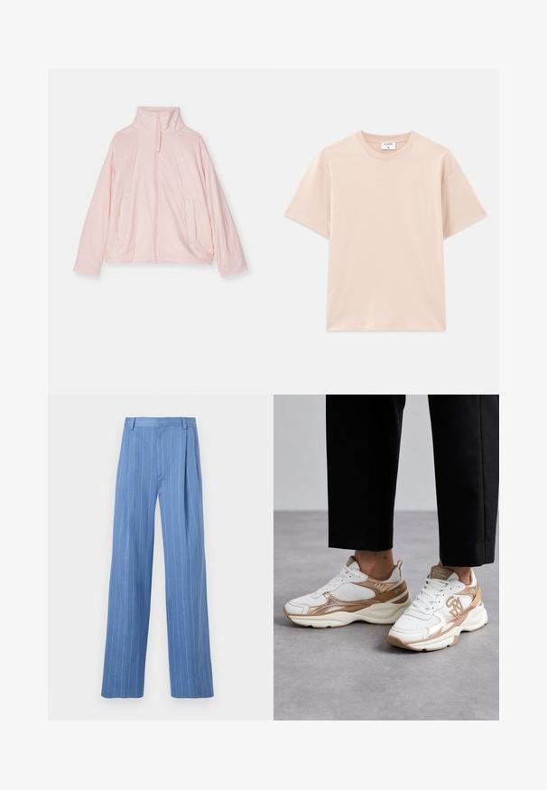 Svijetlo ružičasta jakna na zip s glatkom tkaninom. Ima visok ovratnik, dva prednja džepa i suptilan logo na prsima.; Majica s kratkim rukavima u svijetlo bež boji, izrađena od mekanog pamuka. Okrugli izrez, ležeran kroj, s ravnim rubom i bez uzoraka ili grafike.; Svijetloplave široke hlače s vertikalnim bijelim prugama. Napravljene su od glatkog materijala, s prednjim oštrim naborom i čistim dizajnom struka.; Bijele tenisice sa zlatnim detaljima, mrežastim gornjim dijelom i teksturiranim dizajnom; imaju logotip i podstavljeni ovratnik za udobnost.