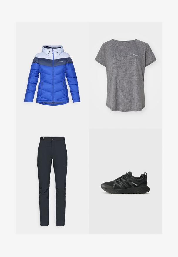 Sieviešu zila Columbia ziemas jaka ar gaiši pelēkiem un tumši zilajiem krāsu blokiem, ar kapuci, priekšējo rāvējslēdzēju un ar rāvējslēdzējiem aizveramām sānu kabatām.; Pelēka īsām piedurknēm krekls ar smalku teksturētu rakstu, apļveida kakla izgriezumu un Columbia logo uz krūtīm. Mīksta auduma, brīvā piegriezumā.; Vīriešu āra bikses, tumši pelēkā krāsā, izgatavotas no elastīga materiāla, ar jostu, kabatām ar rāvējslēdzēju un pastiprinātām šuvēm.; Columbia PEAKFREAK - Pārgājienu apavi - black