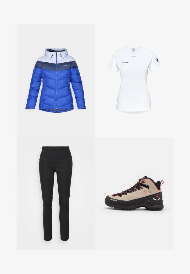 Blauer Steppmantel mit hohem Kragen, Reißverschluss vorne und Reißverschlusstaschen. Das Design beinhaltet ein Farbbockmuster in verschiedenen Schattierungen.; Kurzärmliges weißes Sportshirt mit Rundhalsausschnitt, das ein Logo auf der Brust und eine glatte, leichte Stofftextur aufweist.; Schwarze Sportleggings mit hohem Bund, glatter Textur, Logodetail und seitlichen Paneelen für zusätzlichen visuellen Reiz.; Herren-Wanderschuhe mit einem Obermaterial aus beigem Wildleder, schwarzer Gummisohle, roten Akzenten und einem Schnürdesign für eine sichere Passform.