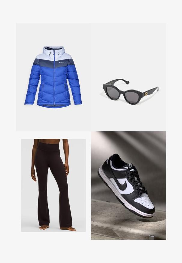 Moteriškas mėlynas "Columbia" žiemos švarkas su šviesiai pilkais ir tamsiai mėlynais spalvų blokais, gobtuvu, priekiniais užtrauktukais ir užtrauktukais su šoninėmis kišenėmis.; Juodas be rankovių trumpas viršus su giliu V formos iškirpimu, pagamintas iš glotnaus, elastingo audinio. Yra švarus kraštas ir jokių matomų raštų ar akcentų.; Juodi platūs jogos kelnės su aukštu juosmeniu, pagaminti iš tamprus medžiagos, pasižyminčios glotnia tekstūra ir prigludusia siluetu.; Juoda ir balta Nike Dunk Low sportbačiai su odiniu viršumi, perforuotu pirštų dėklu ir juodomis raištelėmis, turintys baltą padą ir logotipo akcentus.; Juodos saulės akinių su kampuota katės akies forma, turinčiais tamsius lęšius. Auksinis logotipo akcentas ant šventyklių. Lygus plastiko rėmas.